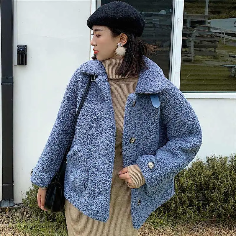 Blue Женское зимнее теплое плюшевое пальто модное пальто из искусственного меха куртка из меха ягненка Женская Базовая Куртка парка верхняя одежда Смешанное пальто - Цвет: Blue