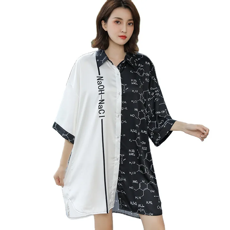 

White Black Patchwork Women Nightdress Satin Sleepshirt Sexy Short Sleepwear Nightgown Intimate Lingerie Short Sleeve Homewear