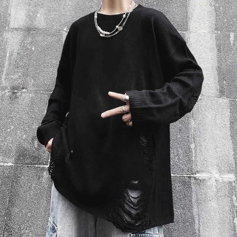 Мужской и Женский рваный свитер с длинным рукавом Свободный пуловер в стиле
