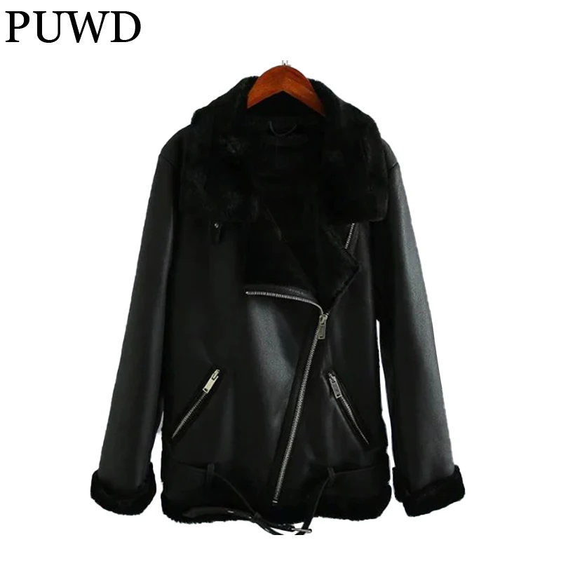 PUWD Fashion Women Motorcycle Suit Faux Leather Fur Jacket 2021 Winter Warm Street Comfortable Solid Personalized Female Outwear