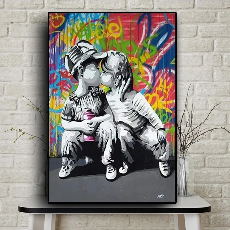 

Graffiti Street Art Abstract Boy Kiss Girl Canvas Paintings Banksy Pop Art Poster and Prints Wall Art Picture for Living Room