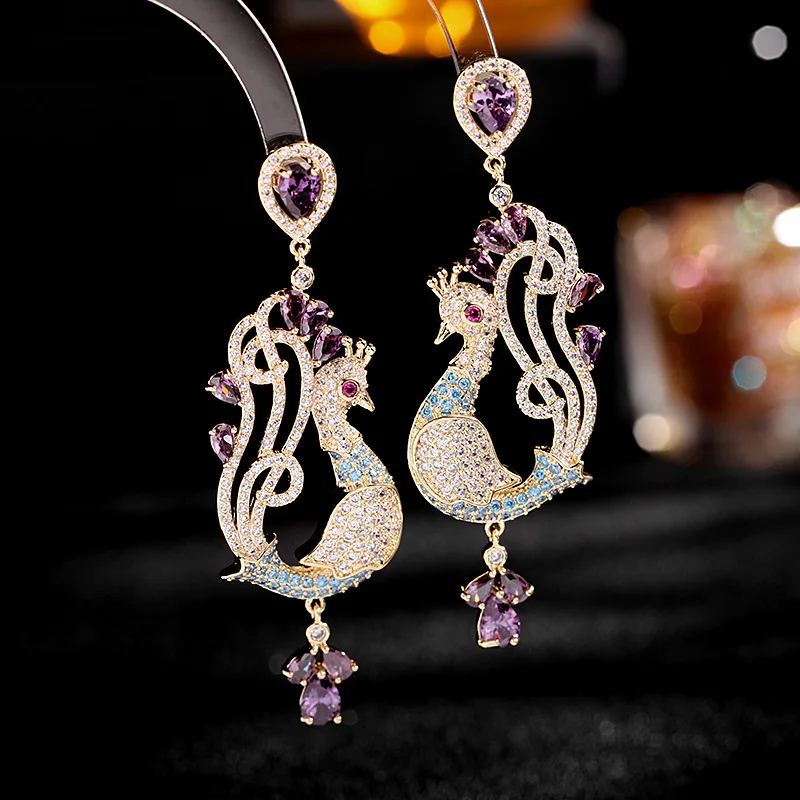 

Occident Style Inlaid Zircon Peacock Personality Copper Earrings S925 Tremella Needle Fine Banquet Weddings Jewelry for Women