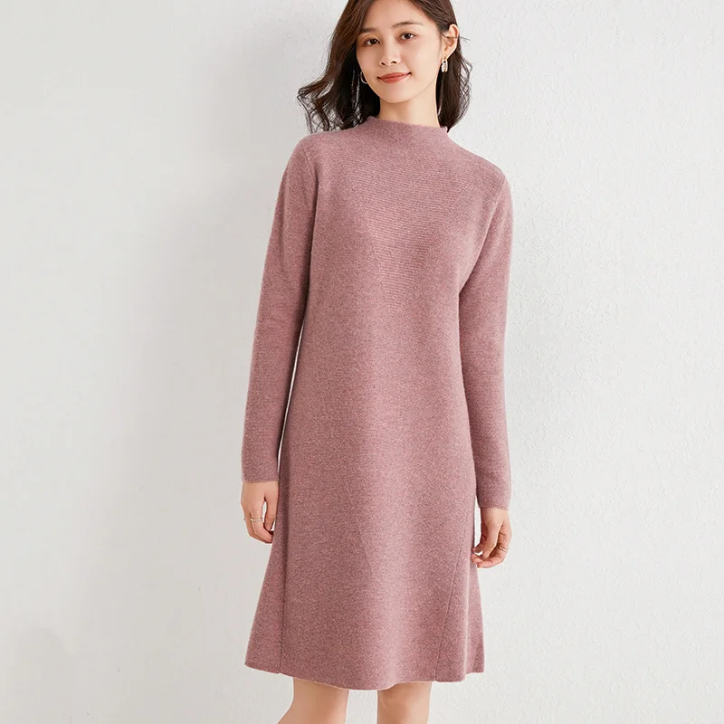 

Женские платья 100%, вязаные джемперы из кашемира и шерсти, длинное женское платье с круглым вырезом, Вязаная Шерстяная Одежда для осени и зим...