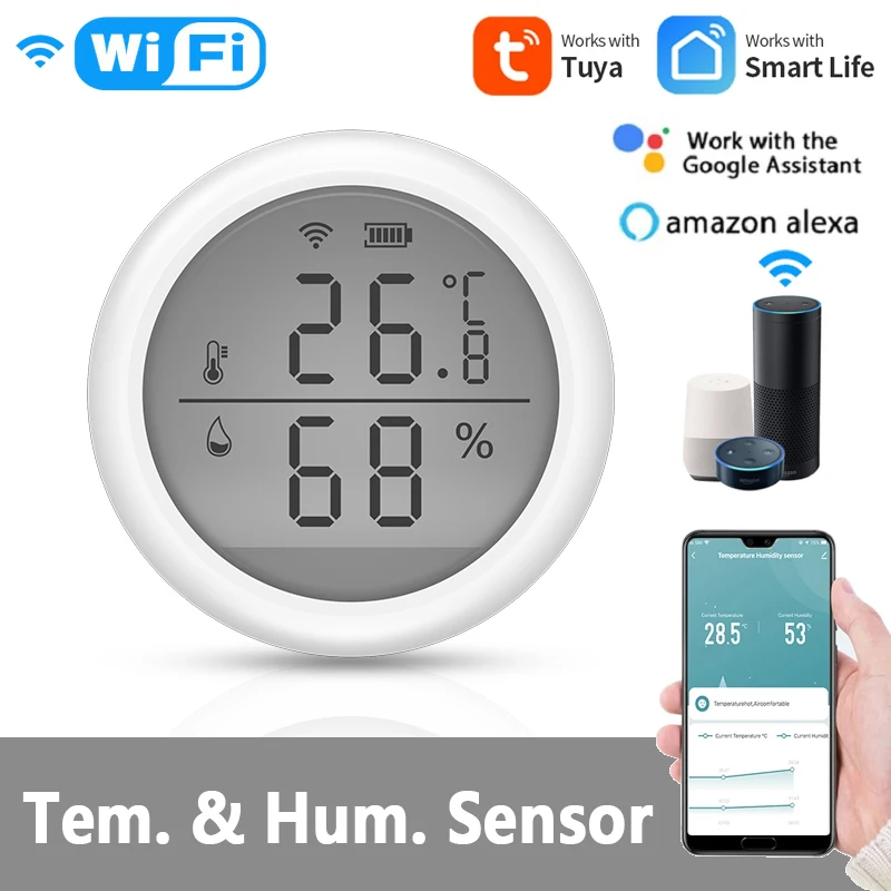 

Датчик температуры и влажности Tuya Wi-Fi комнатный гигрометр термометр с ЖК-дисплеем для Alexa Google Assistant умный дом Лидер продаж