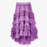 spring summer multi layer tiered ankle length tulle skirts mesh cake layered high waisted long skirts black khaki