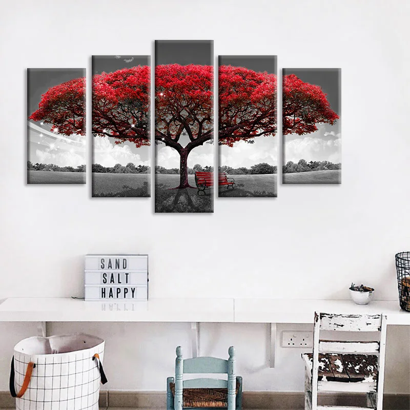 5 Panels Modular Red Leaves Tree Canvas Poster HD Printed Landscape Painting Wall Art For Living Room Decoration | Дом и сад