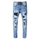 Новый Для мужчин; Однотонные мужские Стразы с украшением в виде кристаллов, из кусков, светло-голубой цвет рваные джинсы Slim fit узкие Стрейчевые джинсы 563
