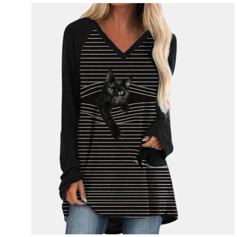 

Cute Cat Print T-shirt Autumn Full Sleeve Tees Loose Casual Clothes Vintage Harajuku Pullover Plus Size Elastic Tshirt For Women
