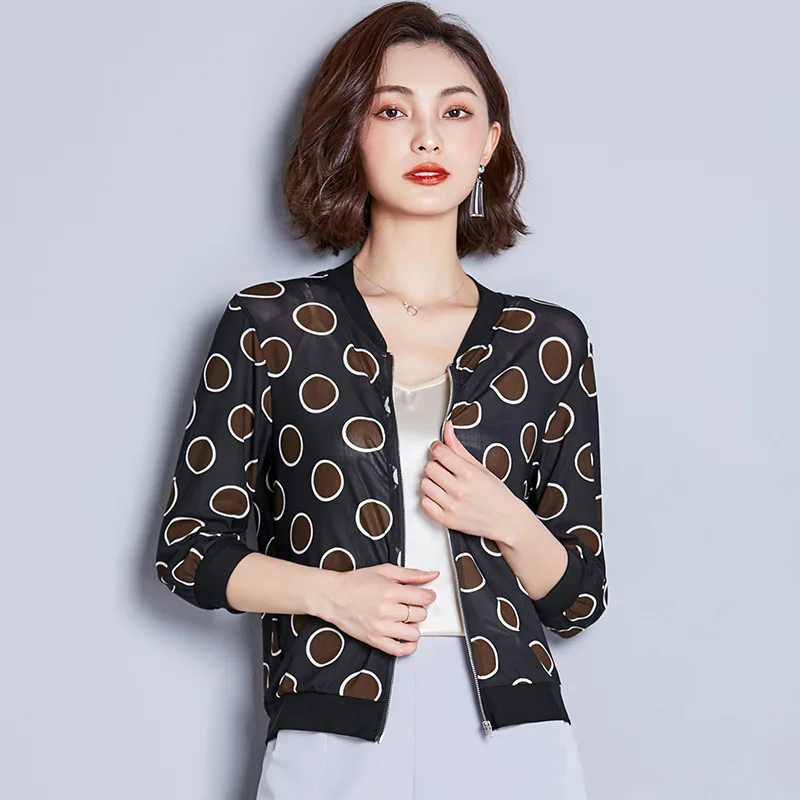 Dot Print Black Женские куртки, большие размеры, короткие женские пальто на молнии, 3/4 рукав, в горошек с цветочным принтом, леопардовые весенне-осенние пальто, женская куртка-бомбер - Цвет: Dot Print Black