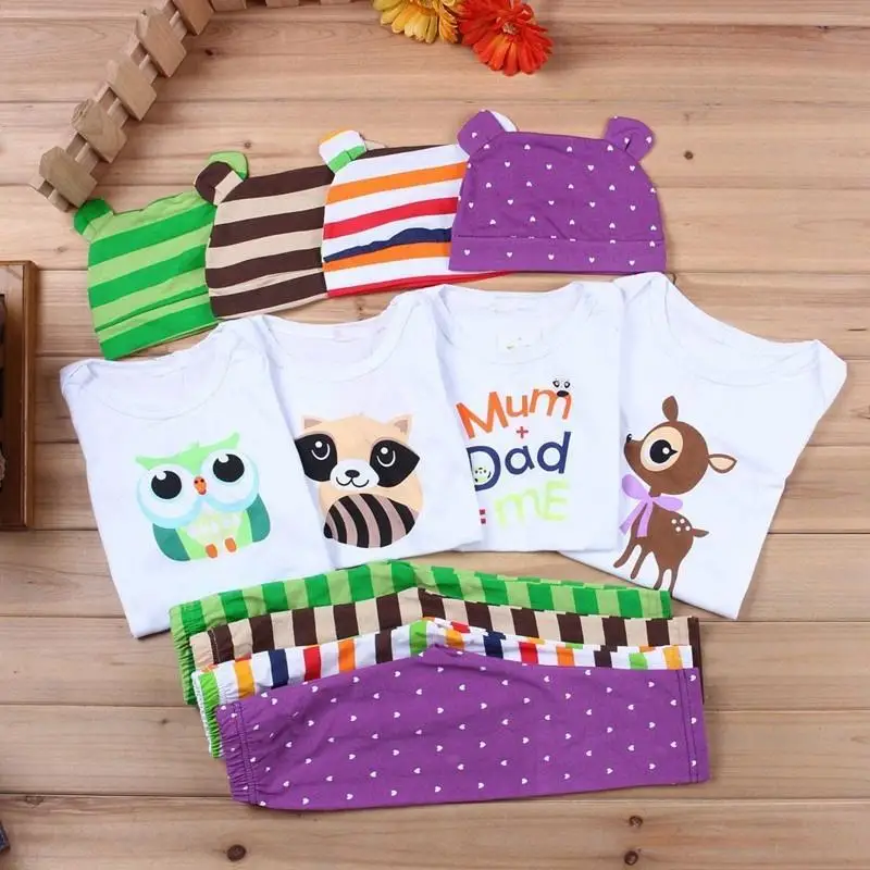 

Baby Kids Cartoon Print Cotton Long Sleeve Round Collar Romper Strped Trouser and Hat Outfit Casual Baggy Three Piece Suit