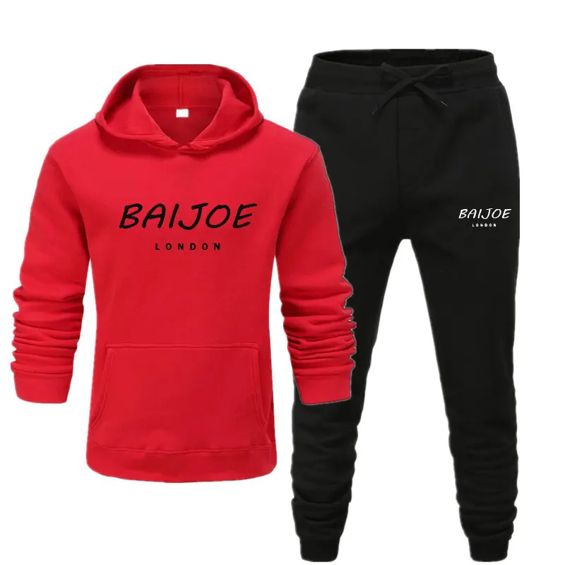 red black2 Новинка, спортивный костюм, модные мужские спортивные толстовки с капюшоном+ штаны, комплект из двух предметов, хлопковая флисовая толстовка, Спортивная Толстовка для бега - Цвет: red black2