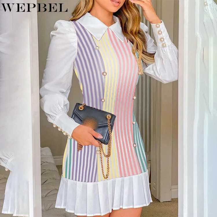 

WEPBEL Dress Women's Casual Plaid Striped Double Breasted Dress Summer Long Sleeve Turn-down Collar Pleated Stitching Dress