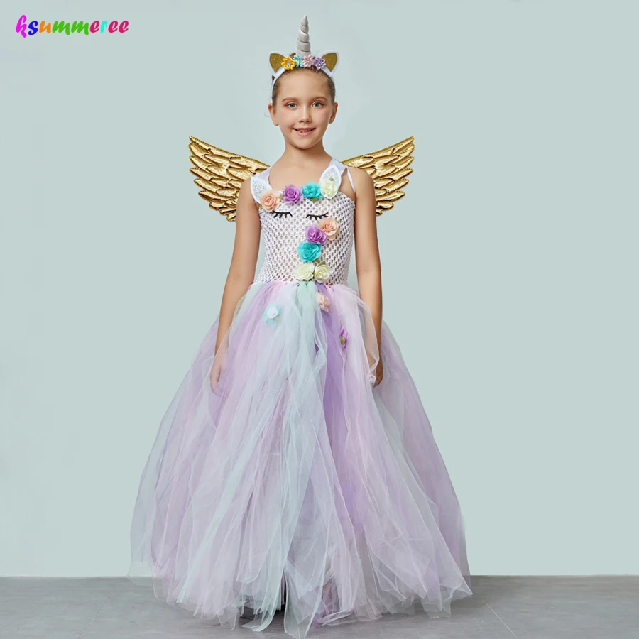 

Girls Unicorn Tutu Dress with Headband Wing Costume Set Fancy Little Child Pony Clothing for Birthday Party Pageant Ball Gown