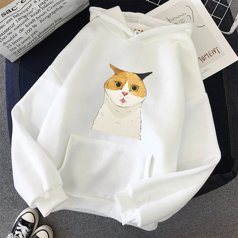 

Women's Sweatshirt Long Sleeve Pullovers Loose Hooded Feminine Itself Hoody Tops Winter Cat Printing Black Pink Cute Hoodies