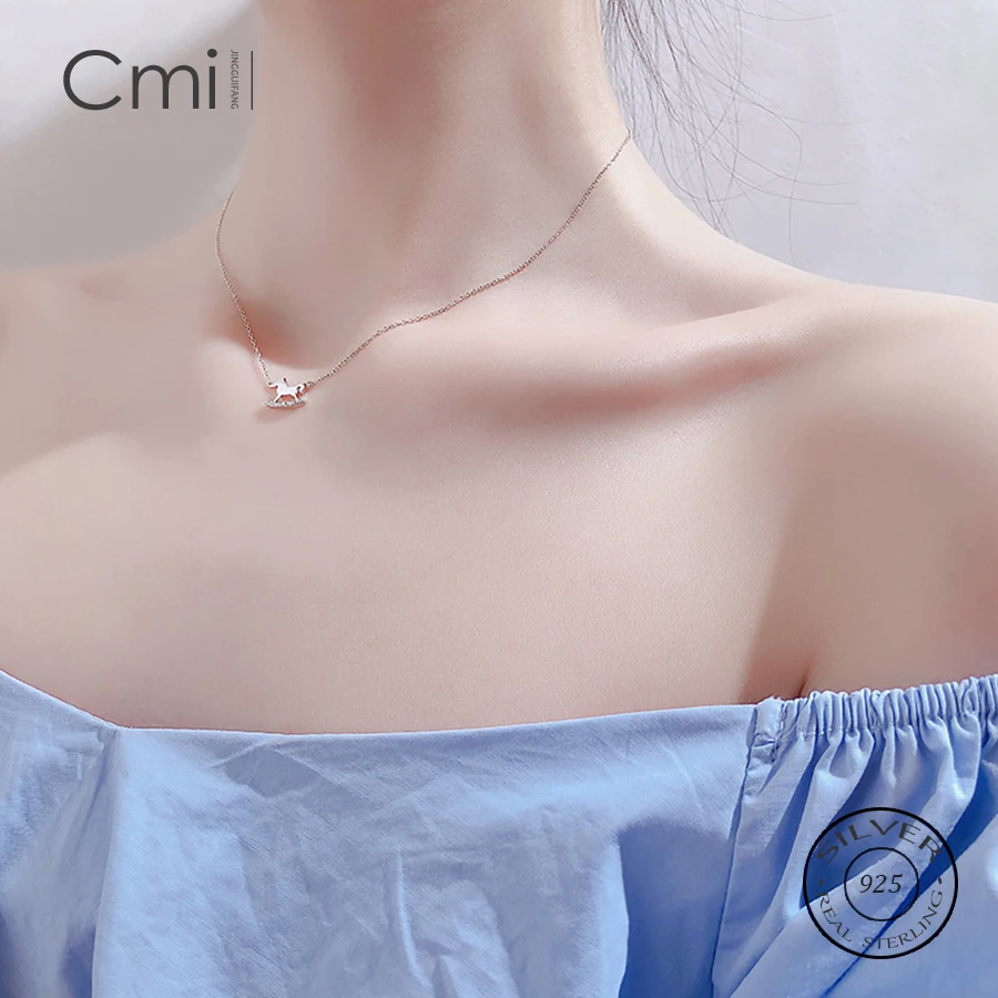 Real 925 Sterling Silver Zircon Horse Choker Pendant Necklace For Fashion Women Party Fine Jewelry Cute Accessories Gift | Украшения и