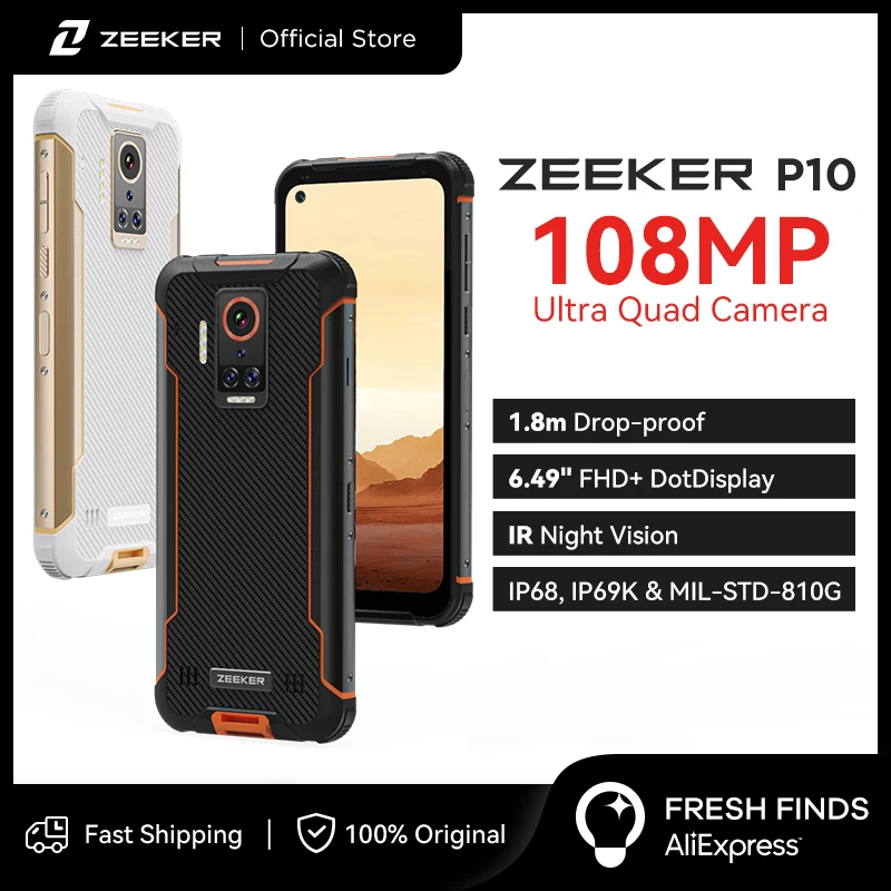 ZEEKER-tel&eacute;fono inteligente P10 resistente al agua IP69K, Smartphone resistente de 108MP, NFC, pantalla FHD de 6,49 pulgadas, c&aacute;mara cu&aacute;druple de visi&oacute;n nocturna IR, 6000mAh-0