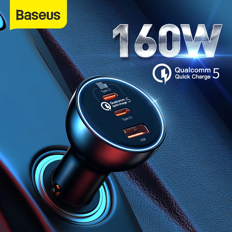 Автомобильное зарядное устройство Baseus 160 Вт QC 5,0, быстрая зарядка для iPhone 13 12 Pro, ноутбуков, планшетов, автомобильное зарядное устройство для телефона