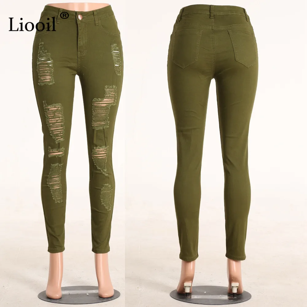 

Liooil Plus Size Skinny Ripped Jeans For Women With Pockets 2021 High Waist Hole Jean Trousers Wash Distressed Sexy Denim Pants
