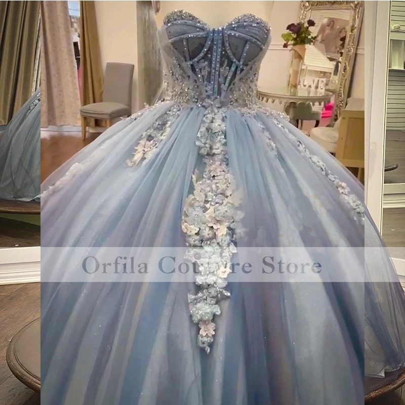 

Collection 2022 Dirty Blue Quinceanera Prom Dress Sweetheart Appliques Lace Sweet 16 Gowns Fiesta 15 anos for Girl Party