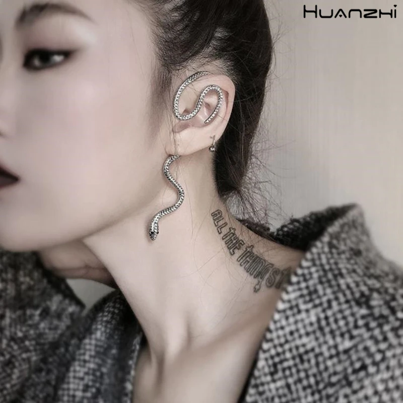 HUANZHI New Fashion Punk Snake Shape Hip Hop Crystal Gold Silver Color Metal Plated Stud Cuff Earrings For Women Girls Jewelry | Украшения