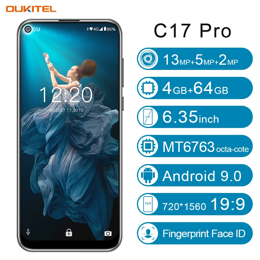 OUKITEL C17 Pro 6,3" слепое Отверстие дисплей Мобильный телефон Android 9,0 MTK6763 Восьмиядерный 4G+ 64GB двойной 4G LTE тройной камеры смартфон