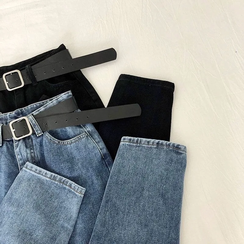 

Vintage High Waist Jeans Women Solid Straight Pants Loose Casual Plus Size High Street Blue Denim Trousers Pantalon Femme Belt