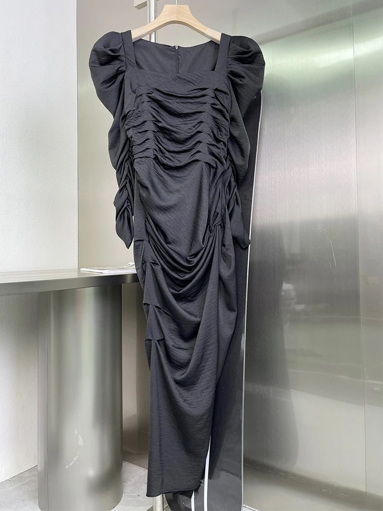 

White Sexy Dress Square Neck Fold Stitching Bubble Sleeve High Waist Side Slit Vintage Black Dresses 2021 Summer Women