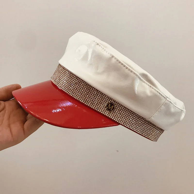 

2019 New Fashion Fall Winter Flat top Rhinestone Band Women Hats PU Warm Red Visor Sun Hats Casual Black White Beret Newsboy Cap