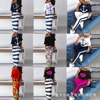 2021 new anchor pattern printed t shirt striped skirt suit