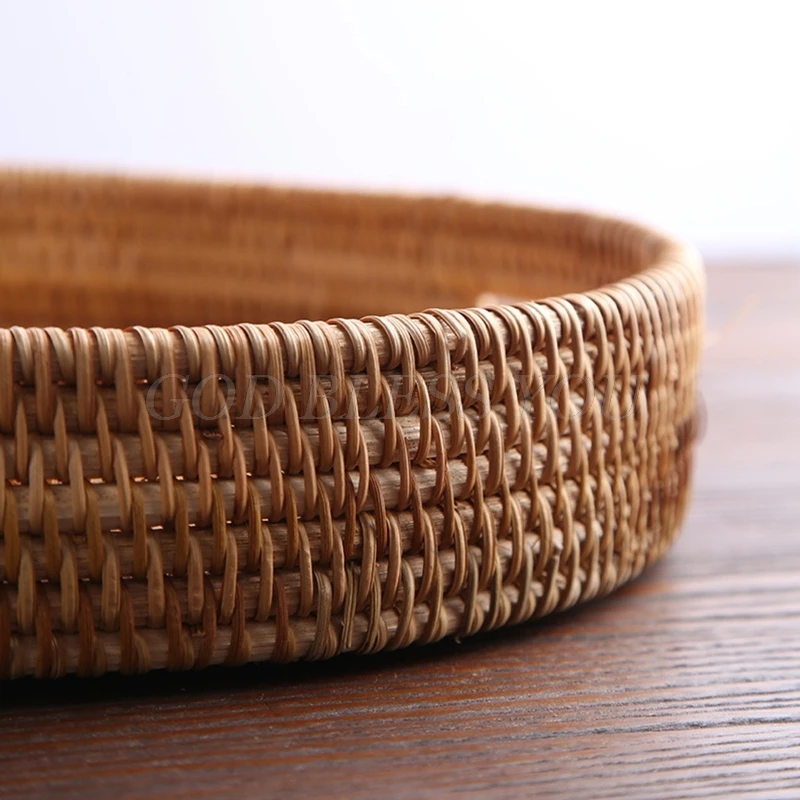 

Rattan Snack Storage Tray with Handle Round Basket Hand Woven Home Decor Bread Fruit Food Display Kitchen Dining Room Organizer