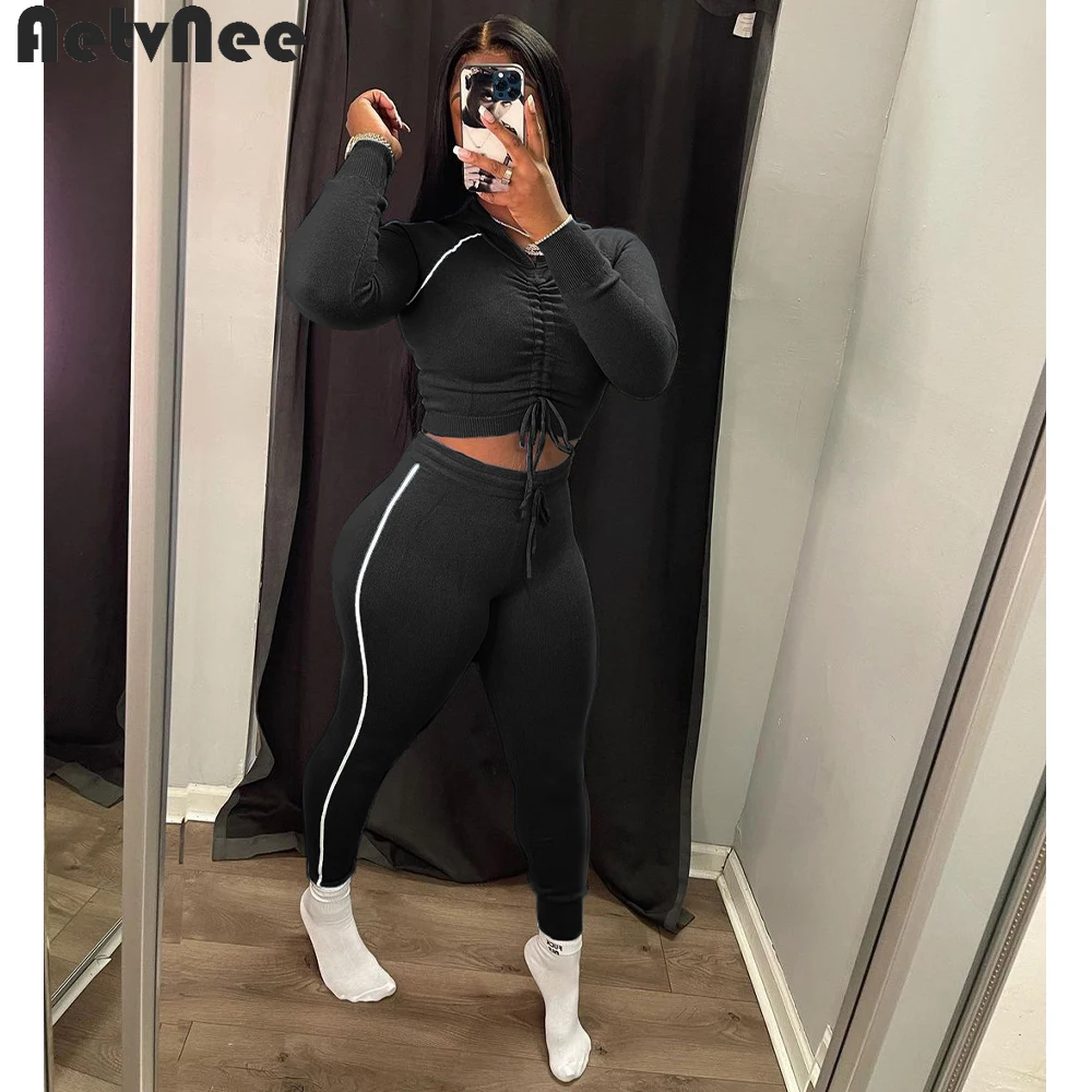 

Fall Winter Two 2 Piece Set Women Tracksuit Suits Shirring Crop Hoodies and Stretchy Leggings Yoga Pants Sets Sporty Streetwear