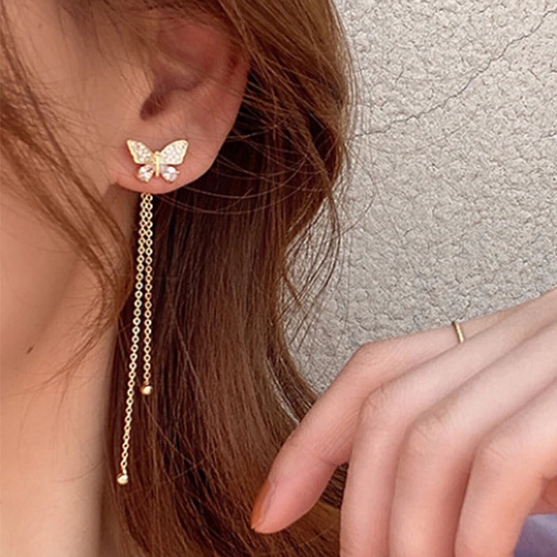 Модные серьги бабочки для женщин 2021 трендовые золотые длинные висячие гвоздики с