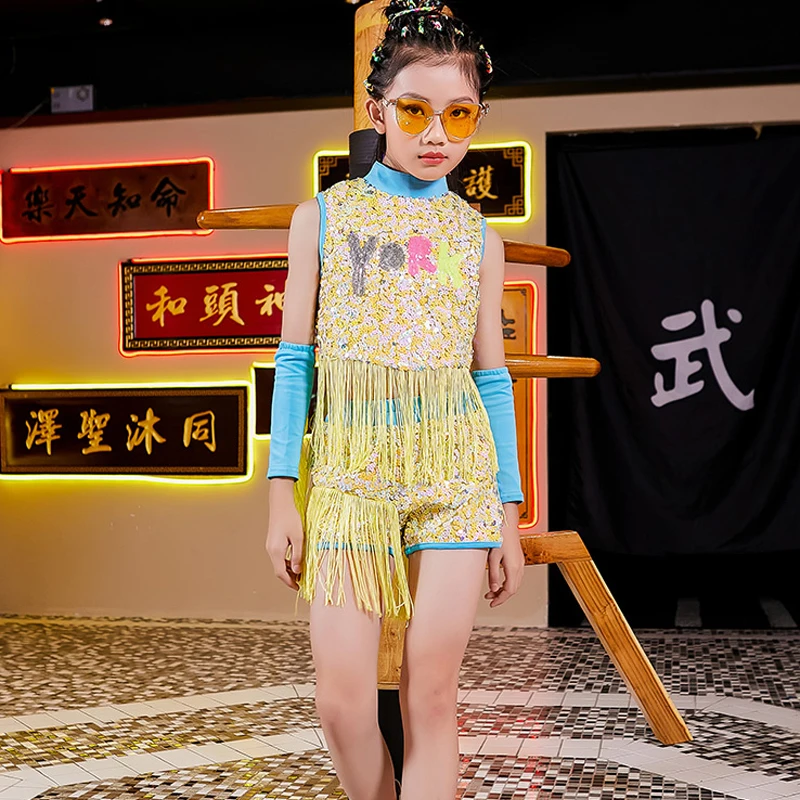 

Girls Sequin Suit Hip Hop Dance Clothes Children Jazz Dance Costumes Catwalk Show Stage Outfits Performance Rave Clothes
