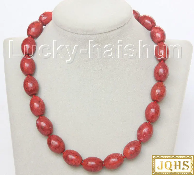 

natural 18" 14X18mm rice oval red sponge coral beads Strand knotted necklace j10509