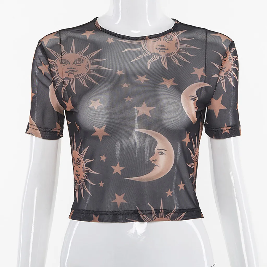 Fashion Women Sexy Short Sleeve T-Shirt O-Neck Print Perspective Mesh Navel Top Slim Basic Casual Female Tops 2019 Summer | Женская