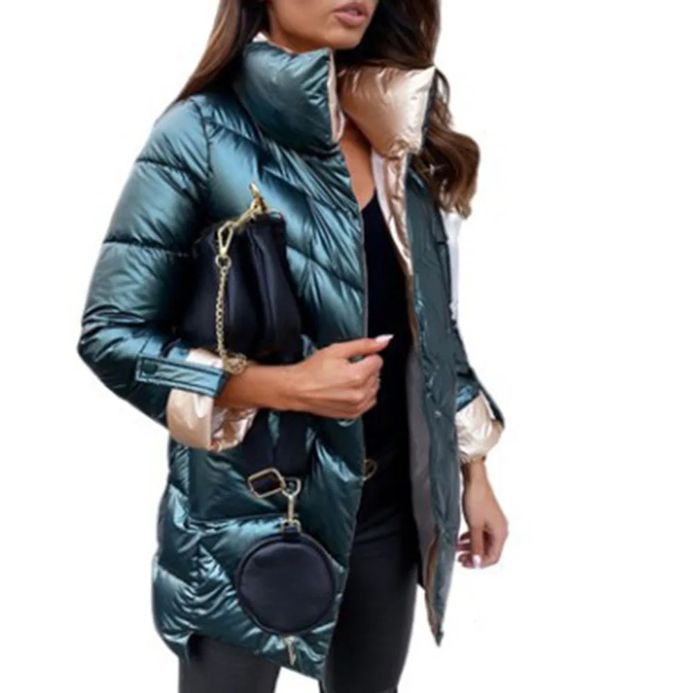 

2021 Autumn Winter New Cotton Padded Jacket Fashion Casual Womens Color Contrast Zipper Long Sleeve Casual Western Style