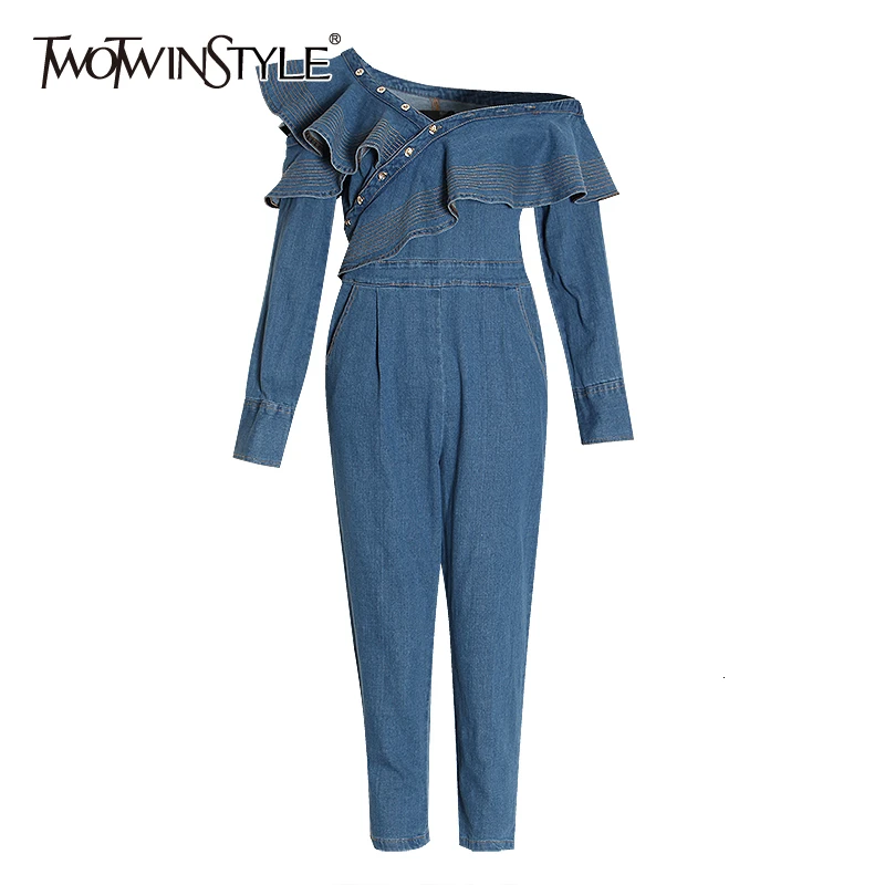 TWOTWINSTYLE Лоскутные Асимметричные женские Комбинезоны на одно плечо с длинным