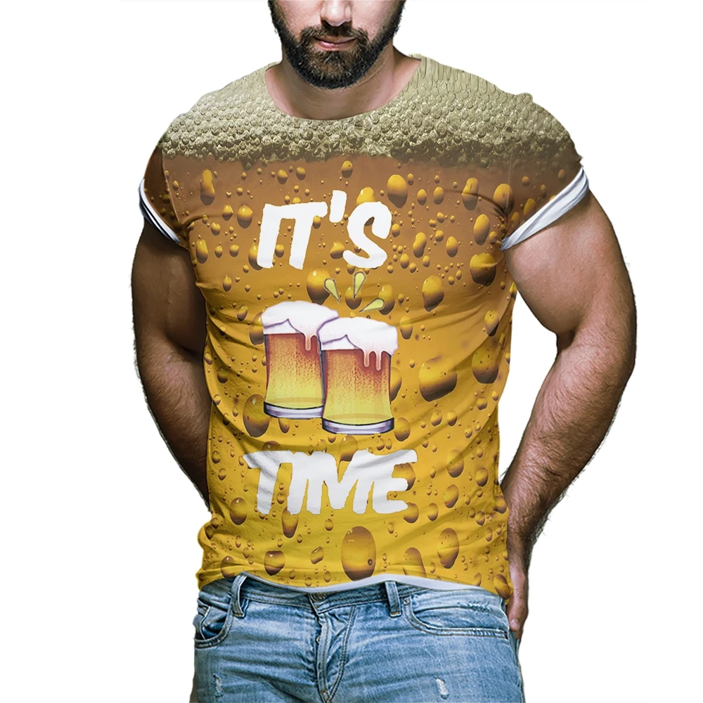 

2021 Summer New Men's Clothing T-shirt Funny Beer 3d Printing Men And Women Party Top Couple Stretch T-shirt Set