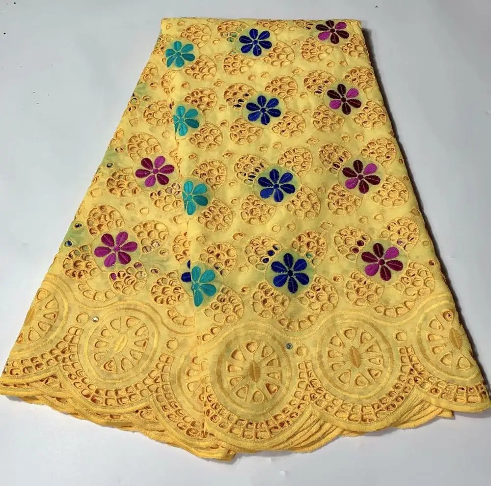 Yellow African 100% Cotton Lace Fabric Latest Swiss Voile In Switzerland With Stones For Men Women Dress Party FYIN123 | Дом и сад