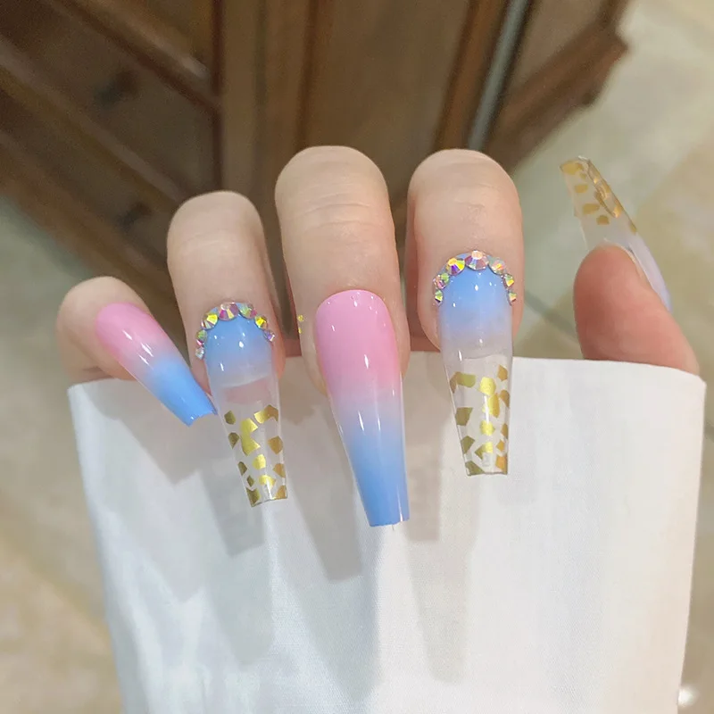 

Super Long Coffin Fake Nails with Glue Rainbow Gold Foil Diamonds Ballet Nails Full Cover Nails Artifical Tips False Nails Art