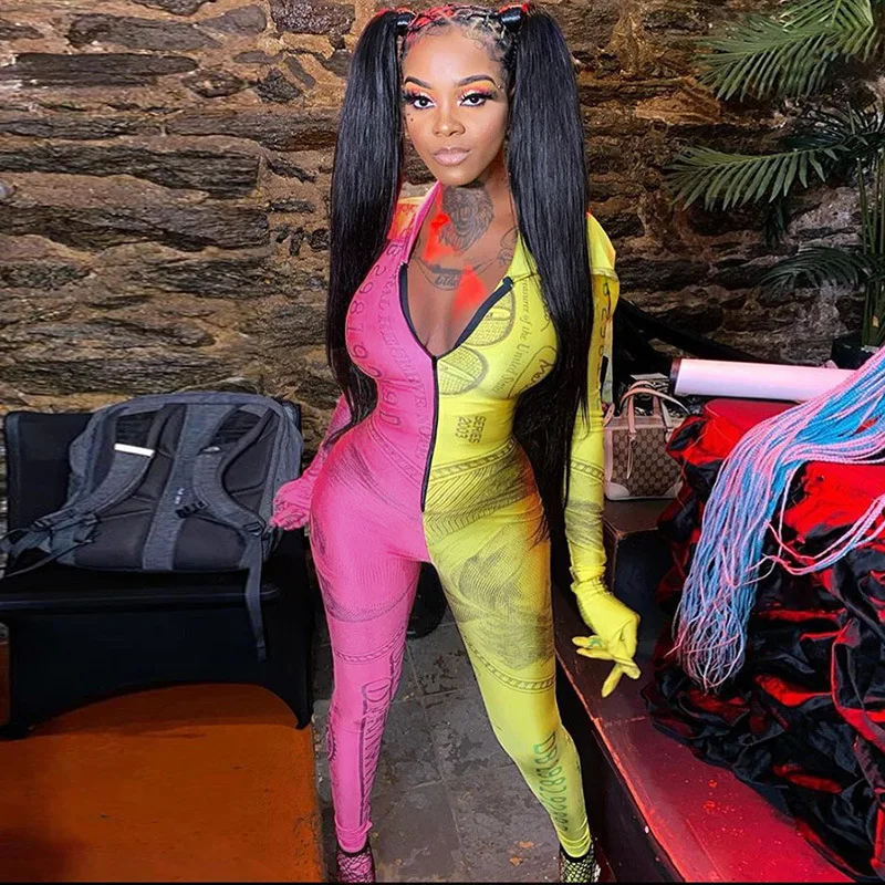 

UVRCOS Club Outfits For Women Sexy Mujer Yellow/ Red Patchwork Tracksuit Zipper Deep V-Neck Printed Nightclub Elastic Jumpsuit