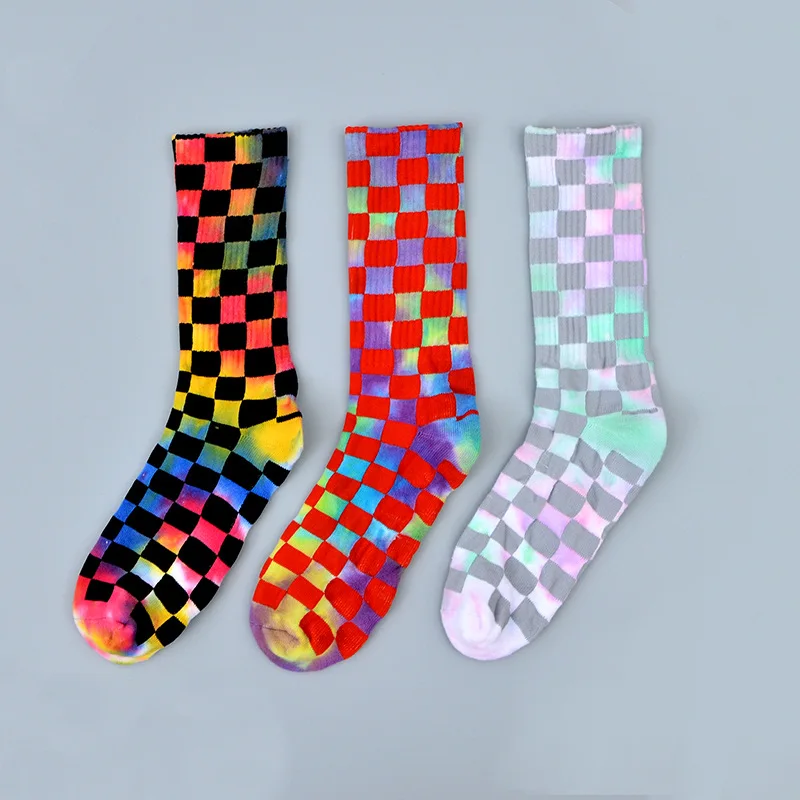 New Fashion Tie Dye Plaid Mens Socks Cotton Colorful Vortex Fluorescence Hip Hop Skateboard Funny Happy Harajuku Happy Sokken