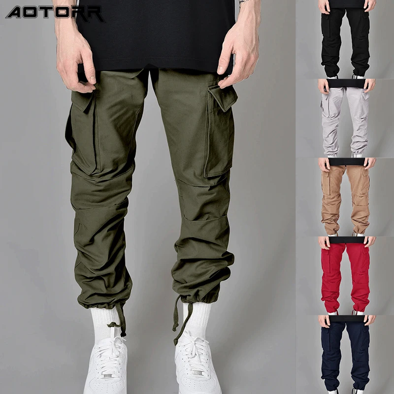 

2021 весенние повседневные штаны для бега, мужские спортивные брюки, с несколькими карманами, однотонные брюки-карго, Мужская Уличная одежда, ...