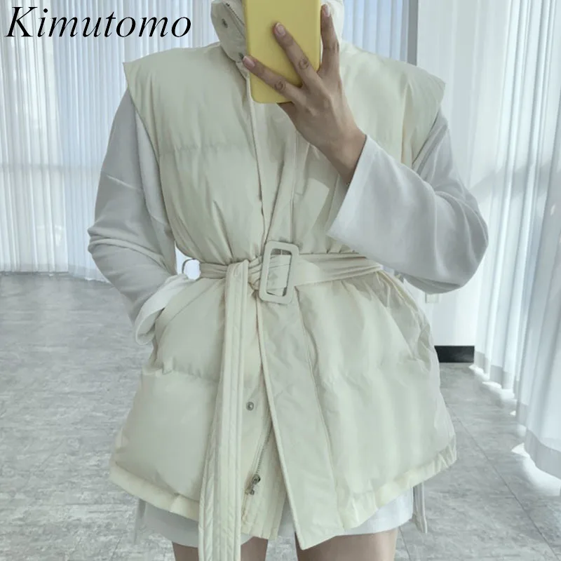

Kimutomo Casual Cotton Vest Woman Winter New Simple Versatile Stand-up Collar Zipper Single Breast Tie Waist Waistcoat Jacket
