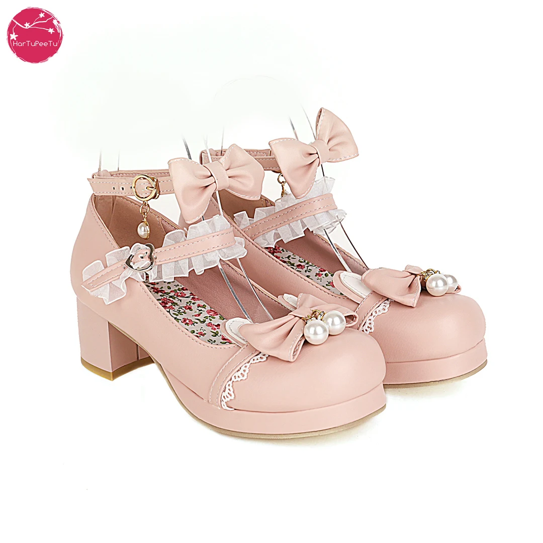 Women Lolita Cosplay Shoes with Cute Ears Peals Cross Strap Block Heel Mary Jane Lace Pumps 2021 Spring Summer Autumn New