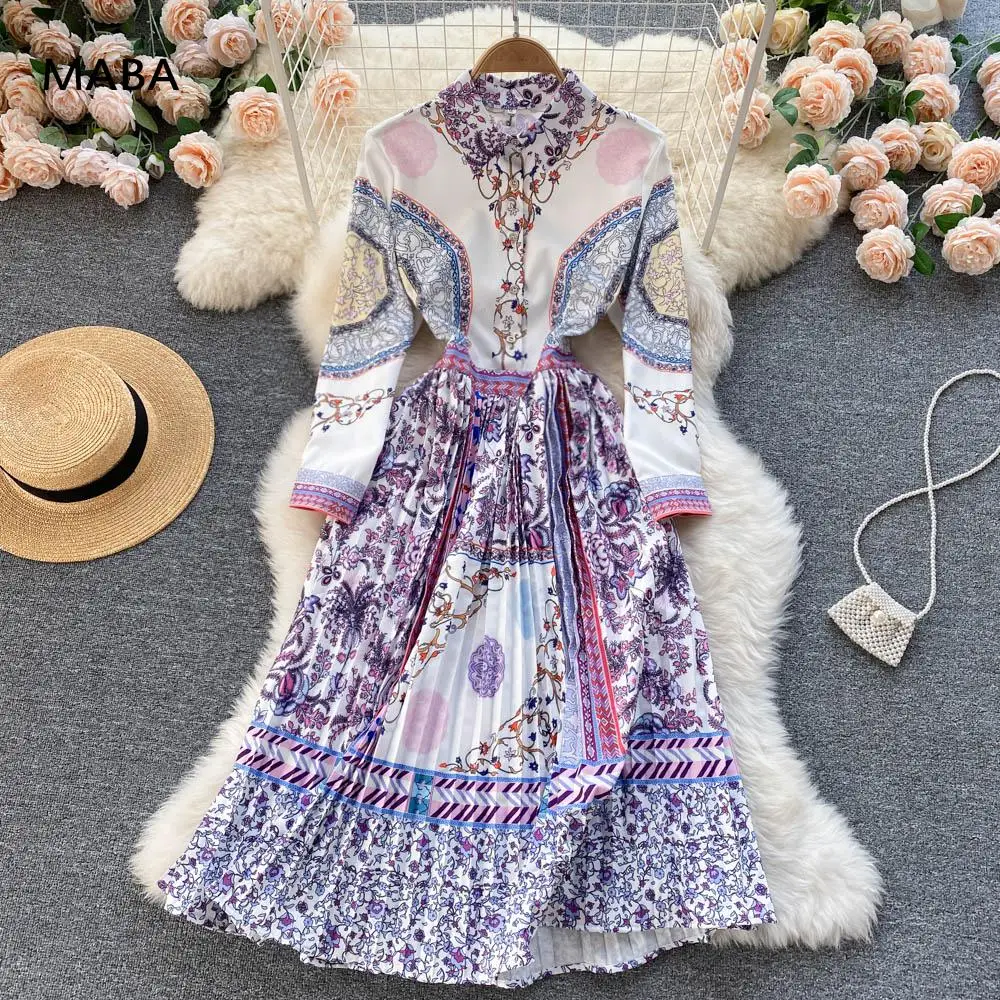 

Long Sleeve Long Dress Women 2021 Autumn Polo Collar Vintage Print Button Purple Pleated Mid-calf Dress Elegant Plus Size Dress