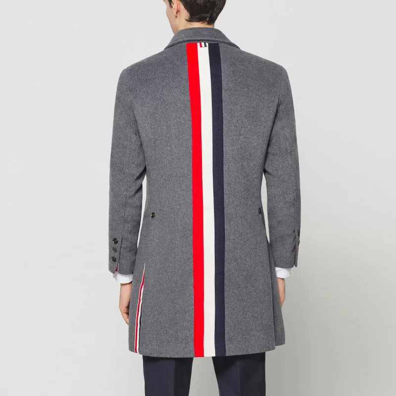 

THOM TB 2023 Fashion Brand Windbreaker Men Wool Cashmere Casual Coat Long Thick Winter Woolen Coat Business Striped Jacket Male