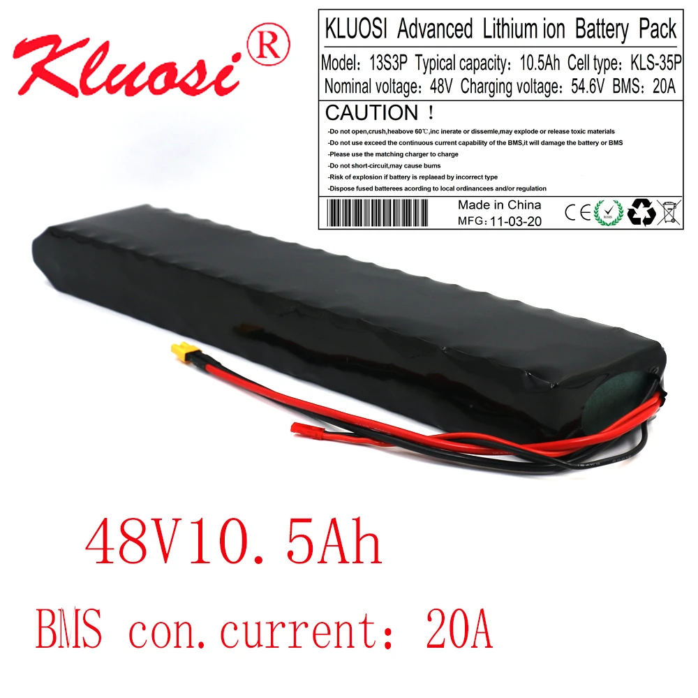 KLUOSI 48В 10,5Ач 11Ач 13S3P 10Ач 54,6В литий-ионный аккумуляторный блок с встроенной 20А BMS для 250Вт 450Вт 750Вт скутера Ebike Motor on.