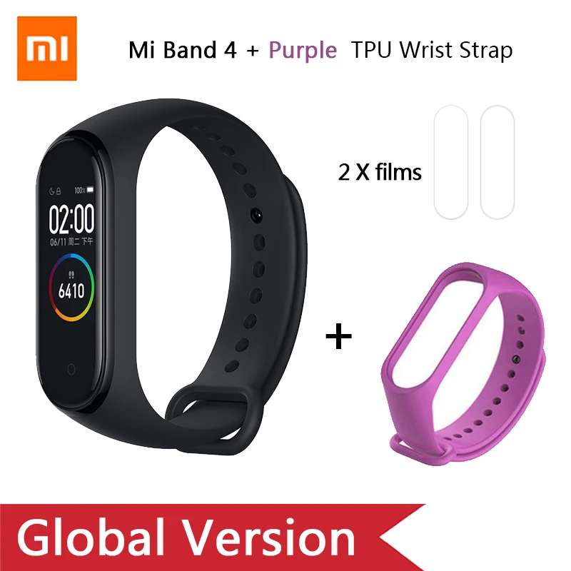 Add Purpel strap Глобальная версия, Xiaomi mi-браслет 4 mi Band 4, музыкальный цветной экран, фитнес-частота сердечных сокращений, Bluetooth 5,0, умные часы, Russina - Цвет: Add Purpel strap