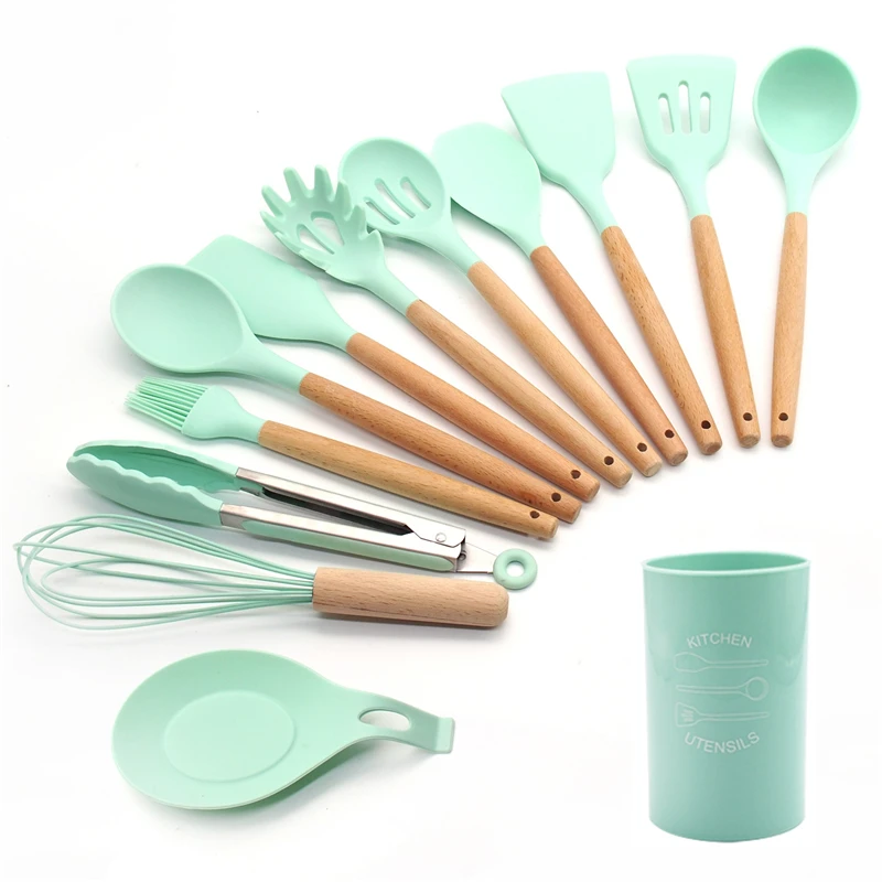 13-Pcs kitchen set Силиконовые набор для кухни 11/12/13 шт, кухонный набор,набор кухонных принадлежностей, антипригарным,деревянной с лопатки, ложка,половник,Кухня инструменты,кухонная утва,серый,кухонные принадлежности из силикона - Цвет: 13-Pcs kitchen set